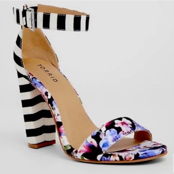 Torrid Floral Stripes Heels Sandal Ankle Strap Feminine Girly Colorful Wide 8W - Picture 1 of 7